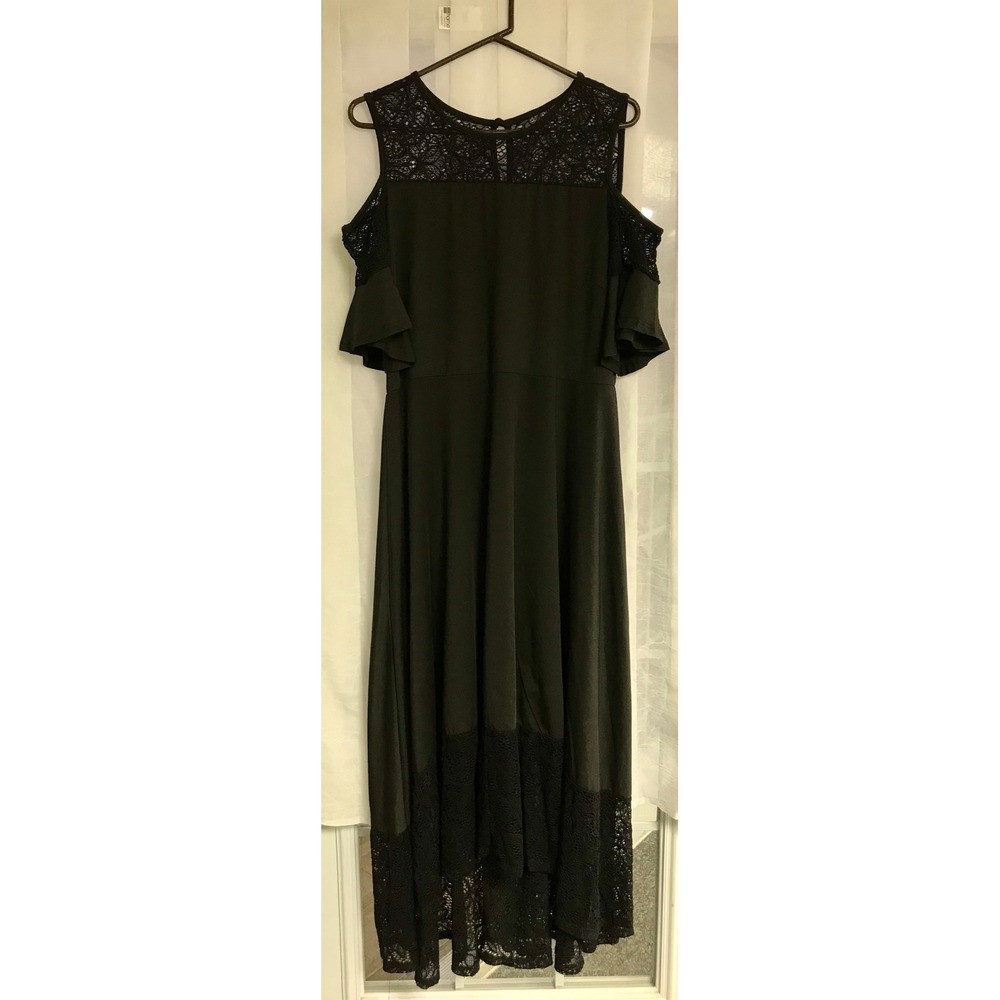 Black Cold Shoulder Lace Midi Dress Plus Size 2XL High Low Hem Cotton Blend